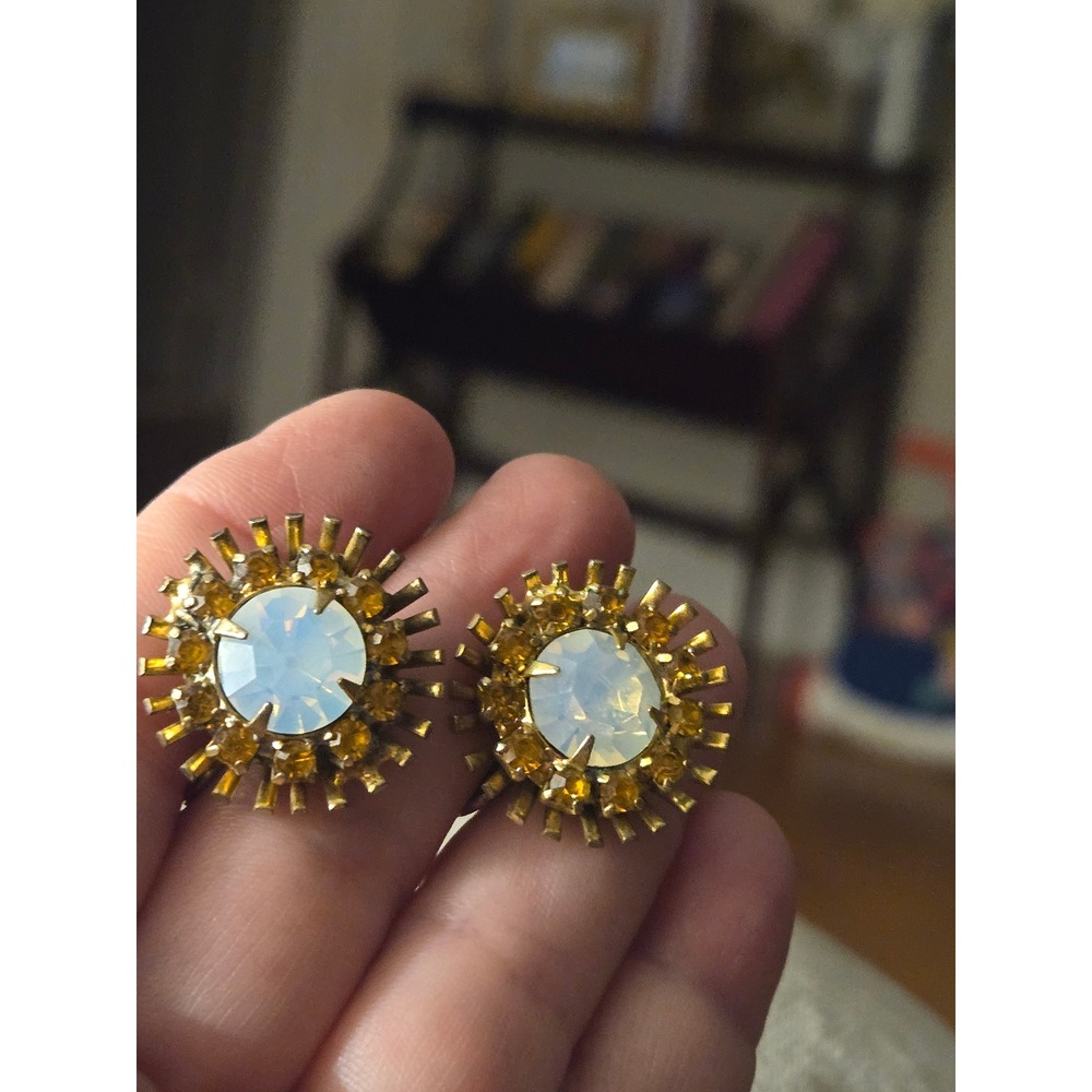 Atomic Starburst Opalite Rhinestone Clip Earrings Vintage Stunning!!